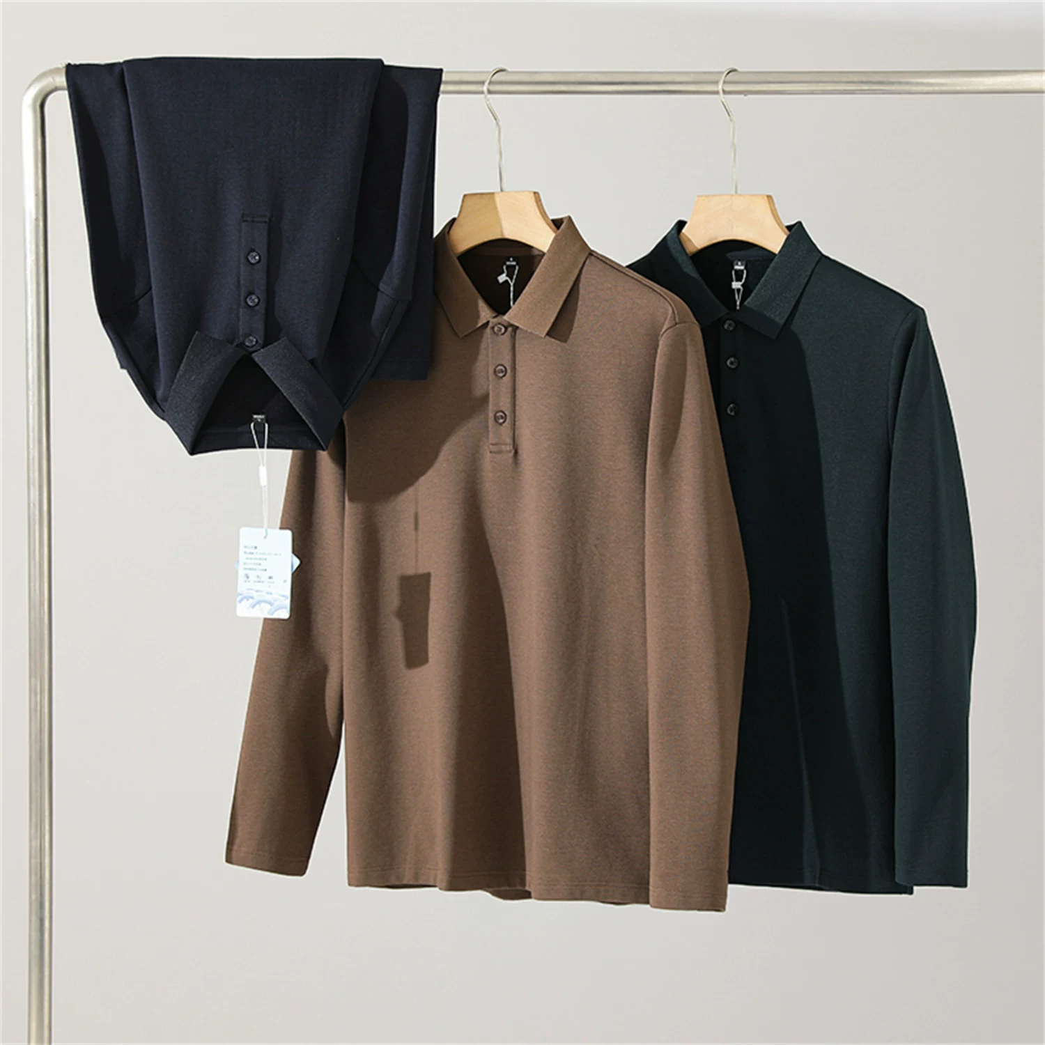 Công nghệ Don Quixote Warm Core! Áo sơ mi POLO nam chất liệu pha lụa, màu trơn, mỏng, chất liệu nỉ, tay dài, kiểu dáng thường ngày, mùa thu