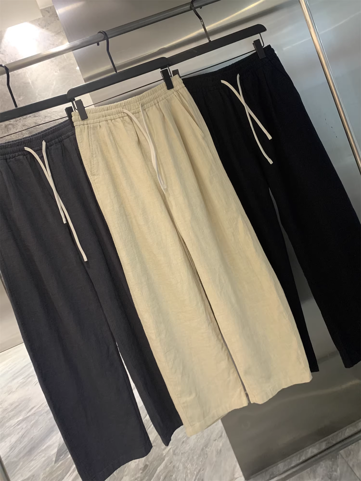 Quần nam chất liệu pha ramie giặt mềm Don Quixote! Quần mùa hè nam lưng thun, màu trơn, dáng rộng, thẳng, phong cách thường ngày