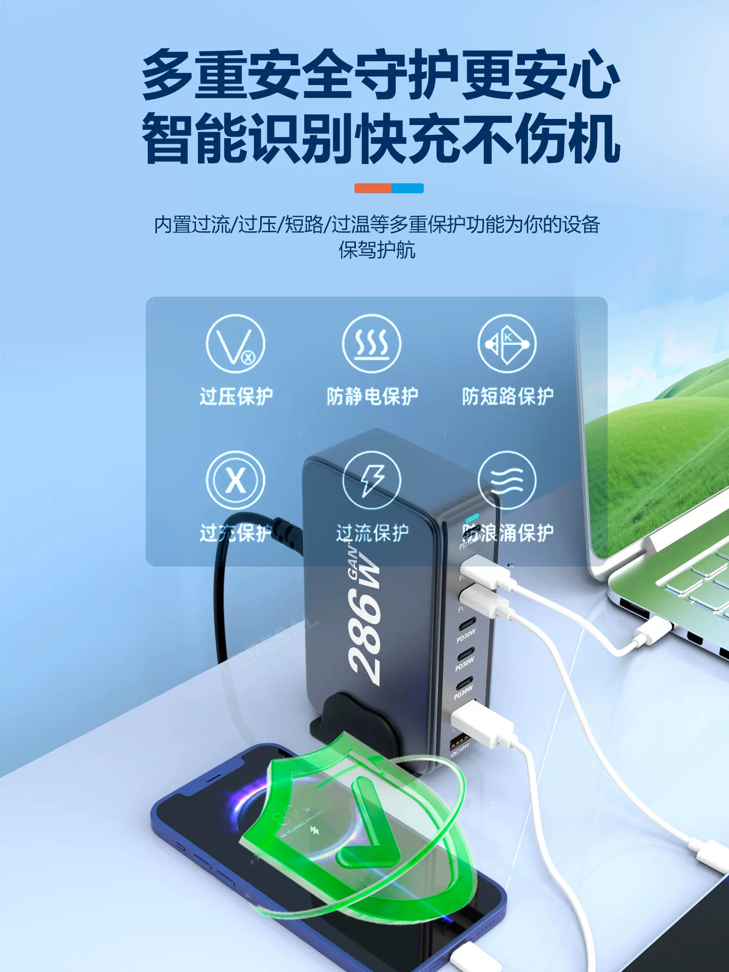 Bộ sạc đa cổng Gallium nitride 286W Bộ sạc đa cổng USB Bộ sạc đa cổng USB Trạm sạc để bàn trong phòng thu Bộ sạc đa cổng công suất cao 440W Bộ sạc 8 cổng sạc đồng thời cho điện thoại di động, máy tính bảng và máy tính xách tay Bộ sạc thông minh