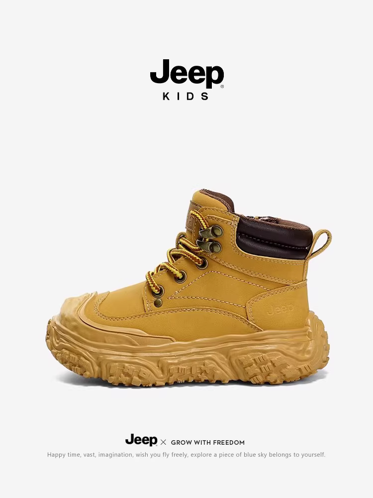 Giày bốt Martin trẻ em Jeep có lớp lót lông cừu cho bé trai và bé gái, giày bốt màu vàng mùa đông mới 2024, giày bốt bông tuyết dành cho vùng Đông Bắc.