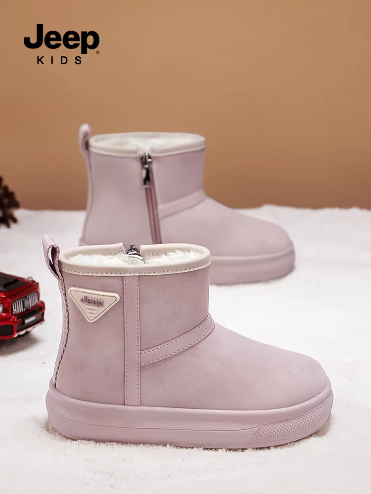 Giày bốt đi tuyết dành cho trẻ em Jeep dành cho bé gái, giày bốt cotton dày và lót lông cừu, giày cotton cỡ lớn màu hồng chống trượt và chống mài mòn mùa đông 2025 dành cho bé gái