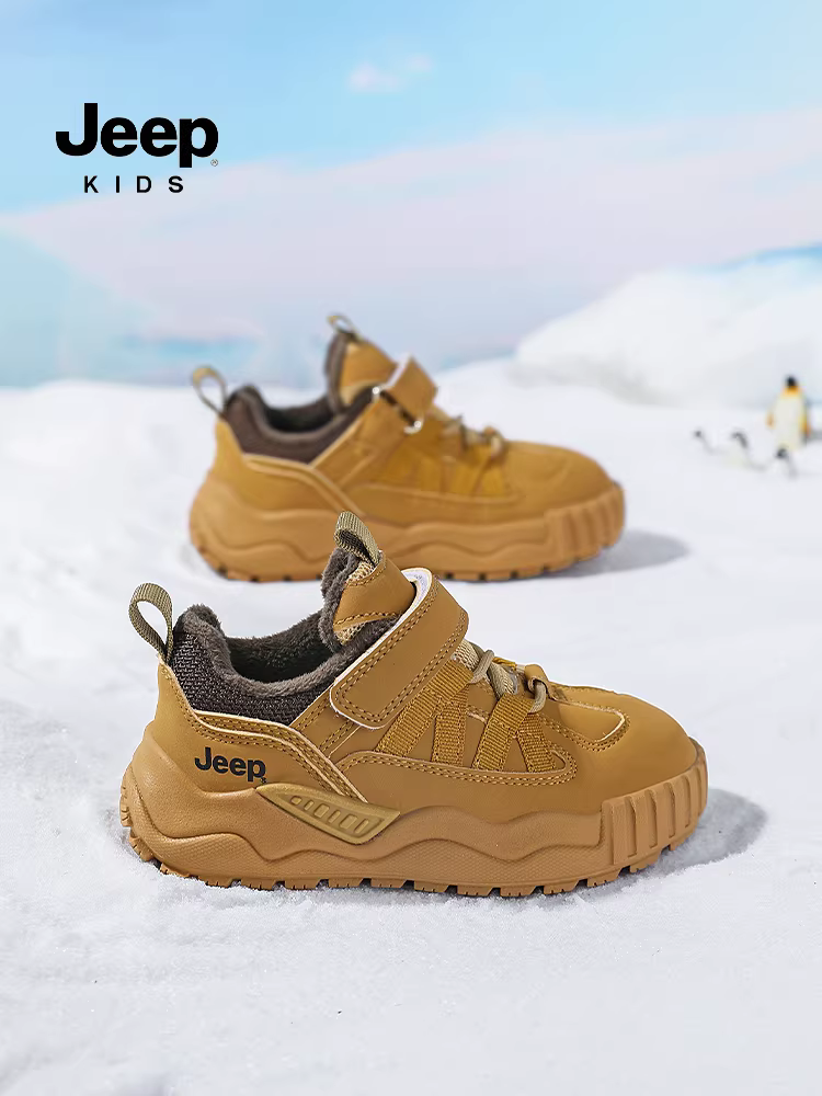 Giày thể thao bé trai Jeep có lớp lót lông cừu, giày thể thao ấm áp cho mùa đông 2025, giày trẻ em mới có bề mặt bằng da, giày trẻ em, giày cotton đôi.