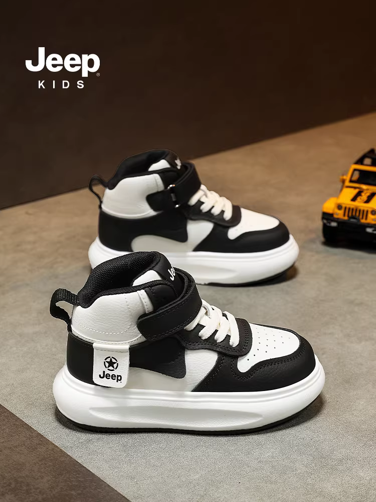 Giày thể thao cao cổ trẻ em Jeep, kiểu mới thu đông 2025, chất liệu da, khóa dán, giày trẻ em, giày trẻ em thường ngày