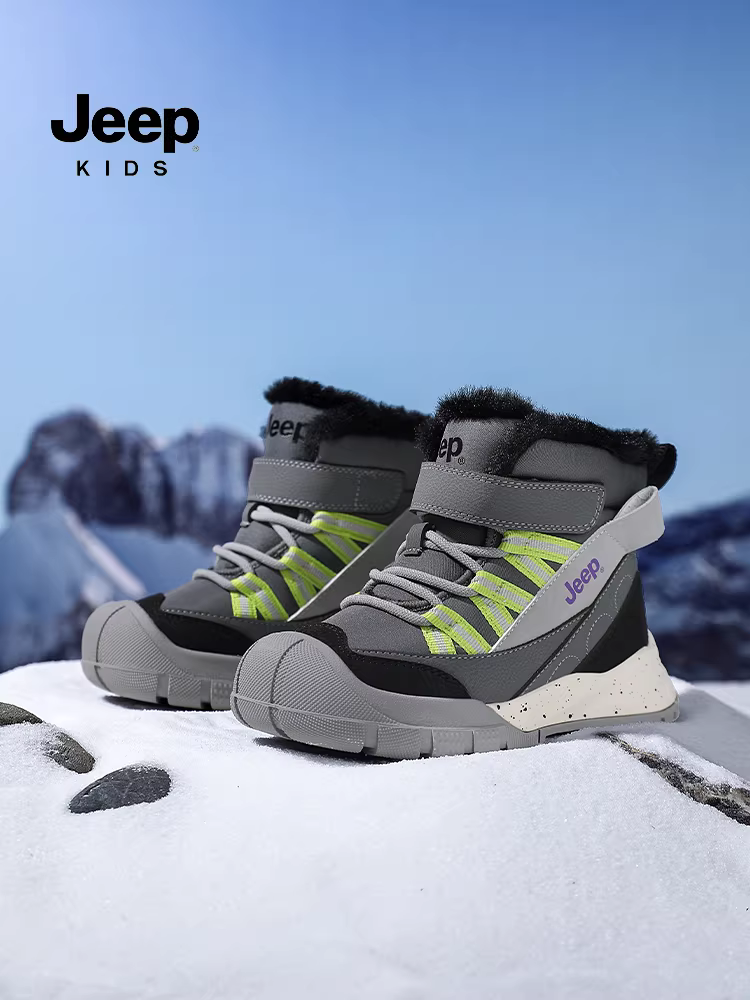 Giày bốt đi tuyết cho bé trai Jeep mùa đông lót lông cừu giữ ấm giày cotton bé trai 2025 mới chống thấm nước chống trơn trượt giày tuyết trẻ em