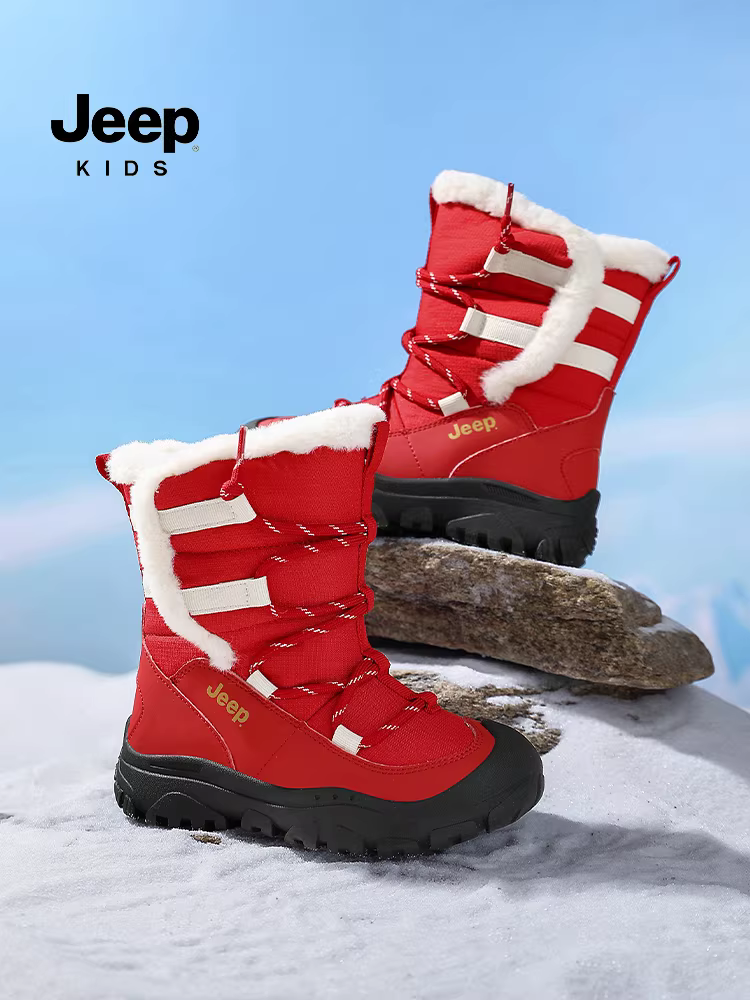 Giày bốt đi tuyết dành cho bé gái Jeep, màu đỏ tươi, phiên bản giới hạn Năm Kỷ Ngựa, giày cotton Đông Bắc, giày cotton cỡ lớn lót lông cừu và dày dặn dành cho trẻ em mùa đông.
