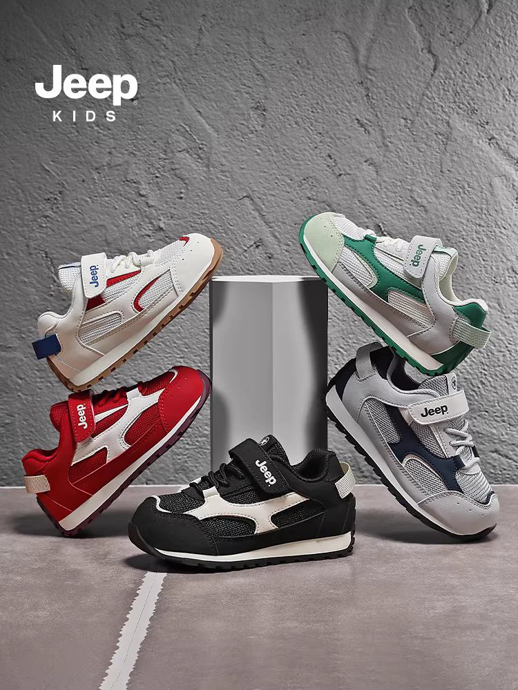 Giày thể thao nam trẻ em Jeep màu đen, giày chạy bộ thường ngày, mẫu mới 2025, giày lưới trẻ em