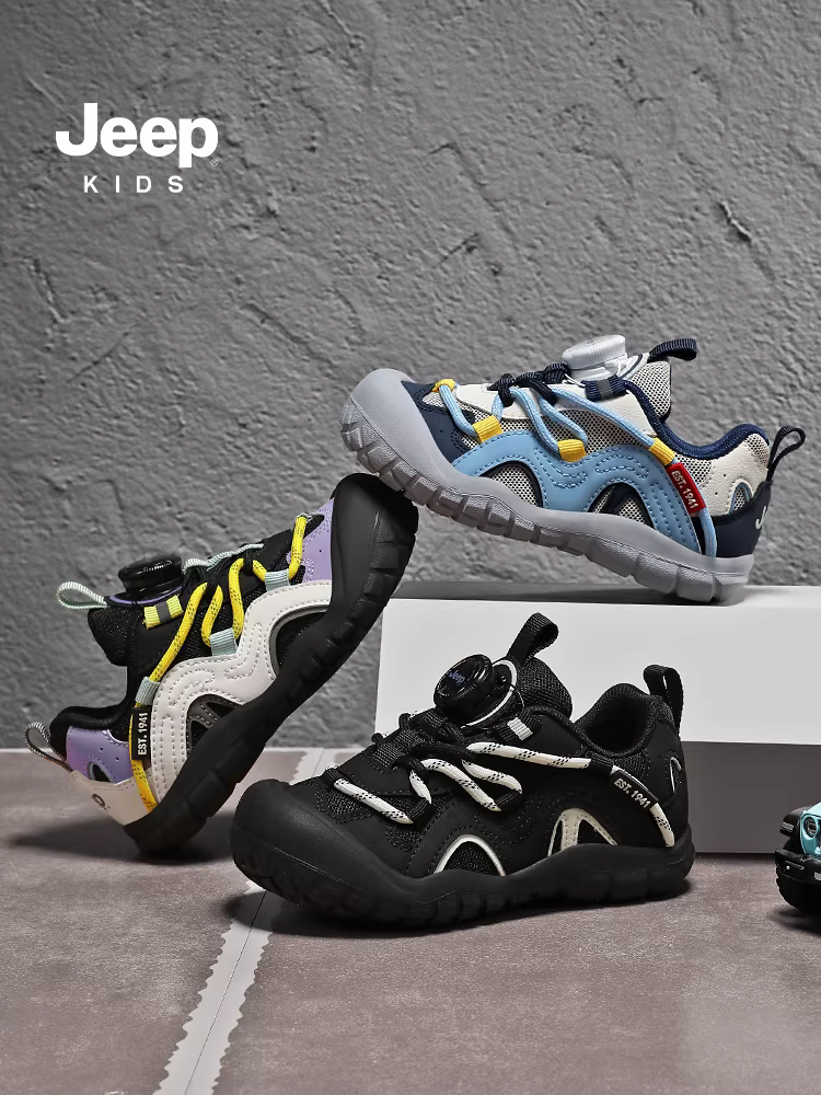 Giày thể thao trẻ em Jeep đế mềm chống trơn mùa thu 2025 kiểu mới khóa xoay lưới đi bộ ngoài trời dành cho bé trai