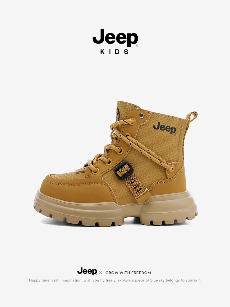 Giày bốt trẻ em Jeep dành cho bé trai và bé gái, giày đi bộ ngoài trời, giày bốt màu vàng chống thấm nước mới mùa thu 2025, giày bốt da lót lông cừu