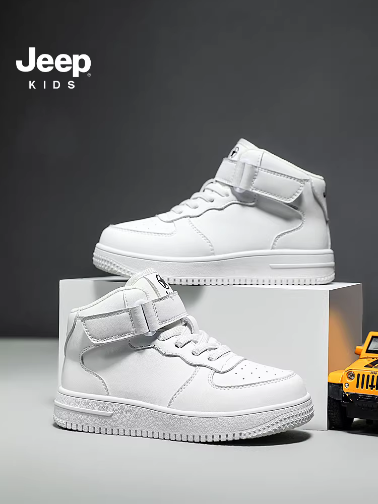 Giày thể thao Jeep màu trắng cho bé trai 2024 giày cao cổ mới mùa xuân thu giày thể thao trẻ em giày trẻ em Velcro