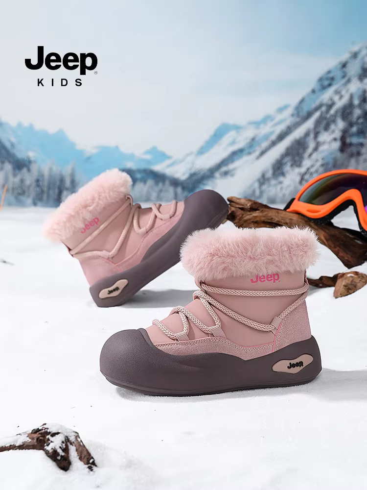 Giày cotton lót lông cừu mùa đông dành cho trẻ em Jeep 2025 Giày ấm mới Giày bốt đi tuyết thời trang dành cho bé trai và bé gái Giày cotton để bảo vệ khỏi cái lạnh