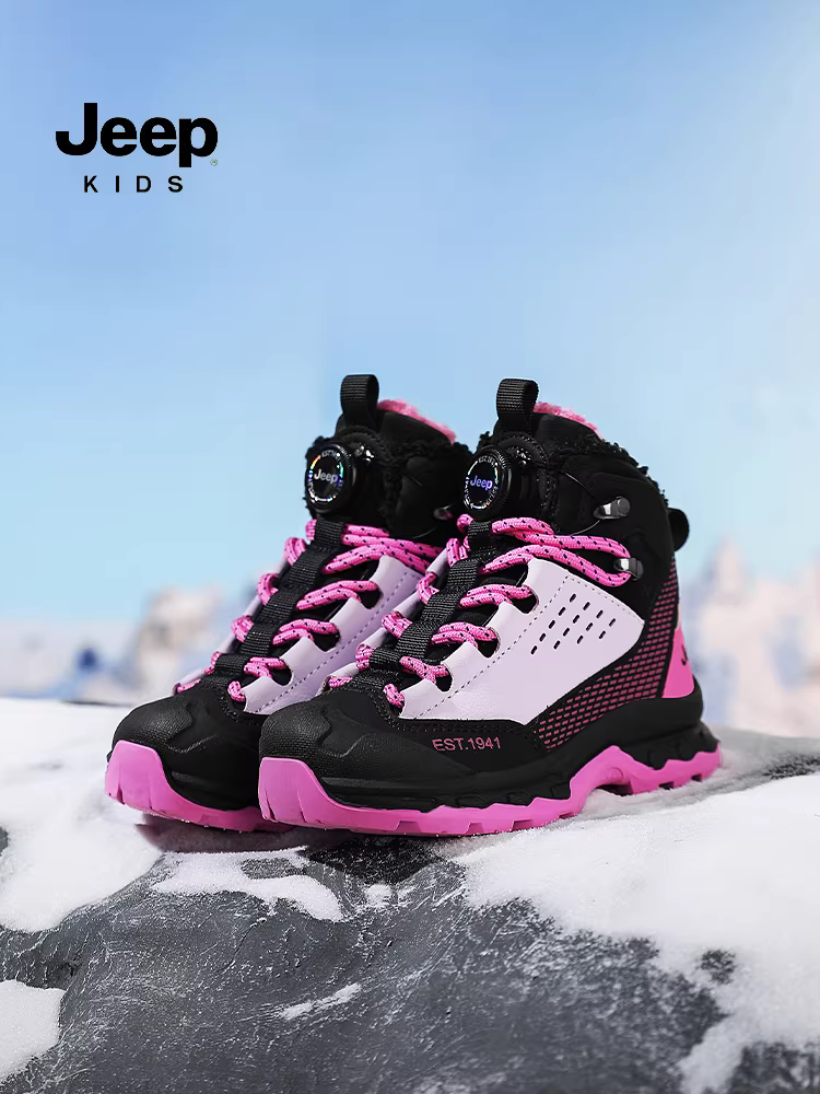 Giày thể thao cổ cao nhung trẻ em Jeep, giày nữ, giày đi bộ đường dài ngoài trời chống trượt bằng vải cotton cỡ lớn giữ ấm mùa đông và chống thấm nước