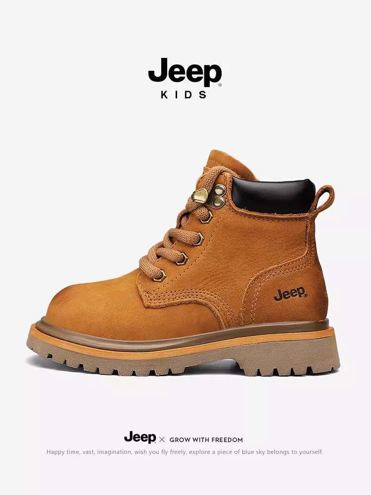 Giày bốt màu vàng cổ điển dành cho trẻ em Jeep Giày bốt da thật dành cho bé trai và bé gái Giày bốt ngắn chống thấm nước lót lông cừu mùa đông 2025