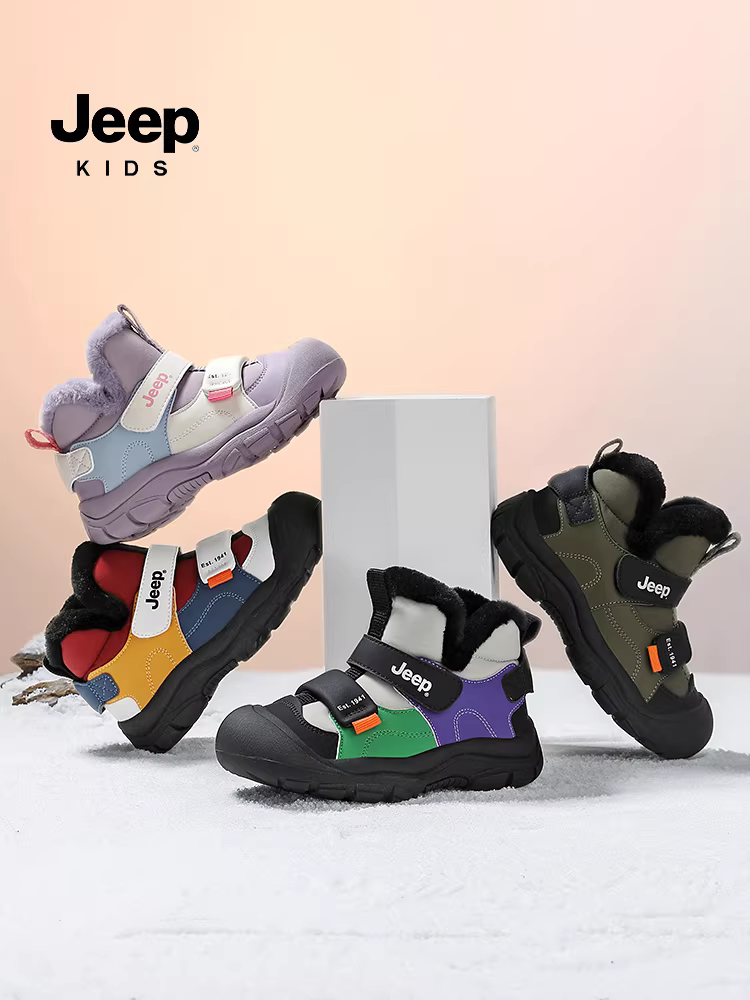 Giày bốt đi tuyết cho bé trai Jeep mùa đông lót lông cừu chống thấm nước chống trơn trượt giày cotton 2025 giày tuyết mới giày bốt cotton trẻ em bé gái