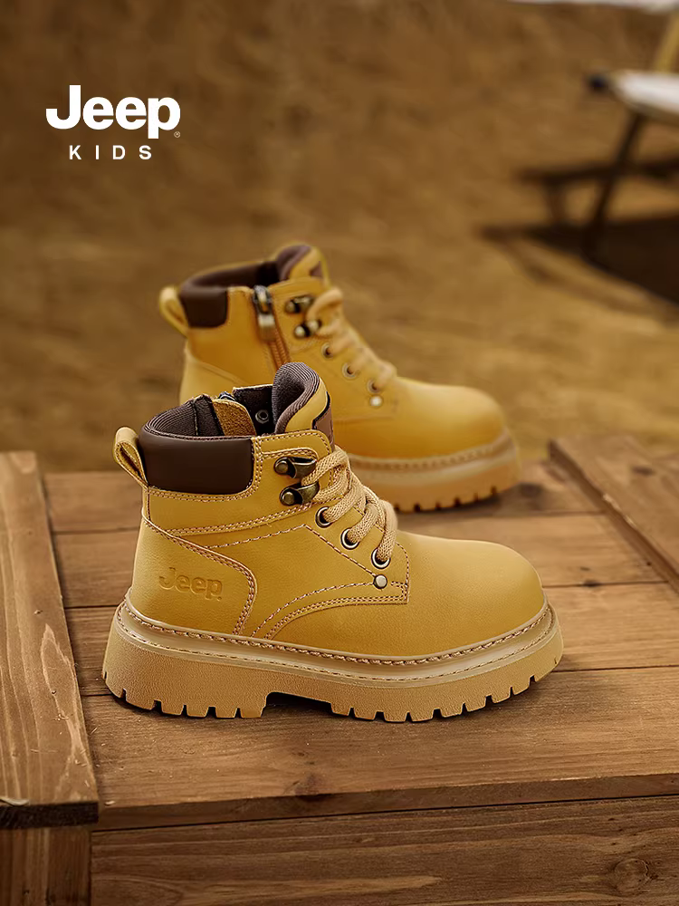 Giày bốt Martin trẻ em Jeep dành cho bé trai, mẫu mới xuân thu 2025, giày bốt màu vàng bền chắc cho bé gái lớn hơn.