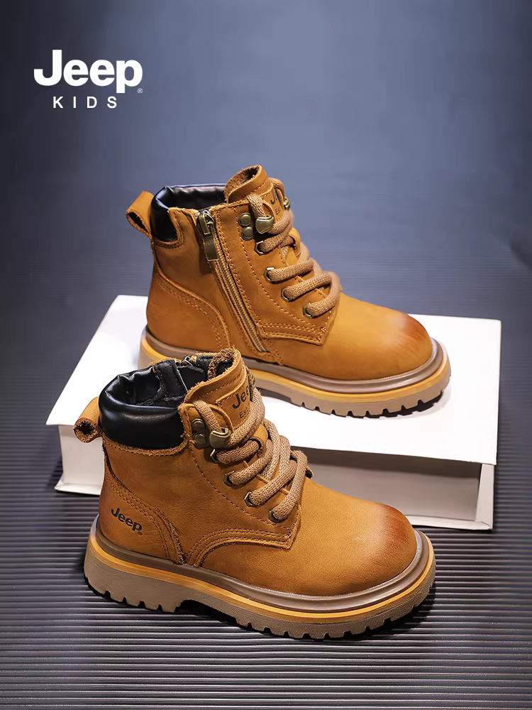 Giày bốt Martin da thật trẻ em Jeep 2025 mẫu mới xuân thu giày bốt bé trai bé gái mùa xuân thu cổ điển màu vàng