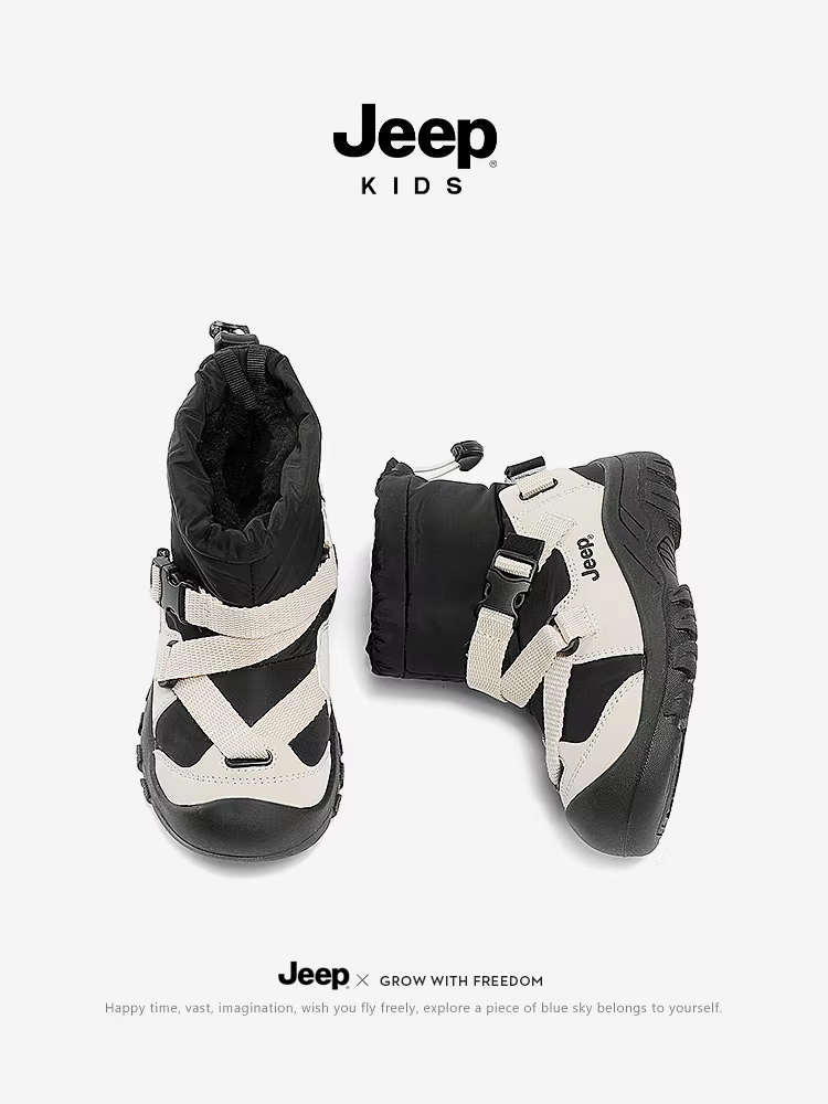 Giày bốt đi tuyết Jeep cho trẻ em, giày bông dày lót lông cừu mùa đông, mẫu mới 2025, tích hợp da và lông, giày bông lông mềm mại cho bé trai.