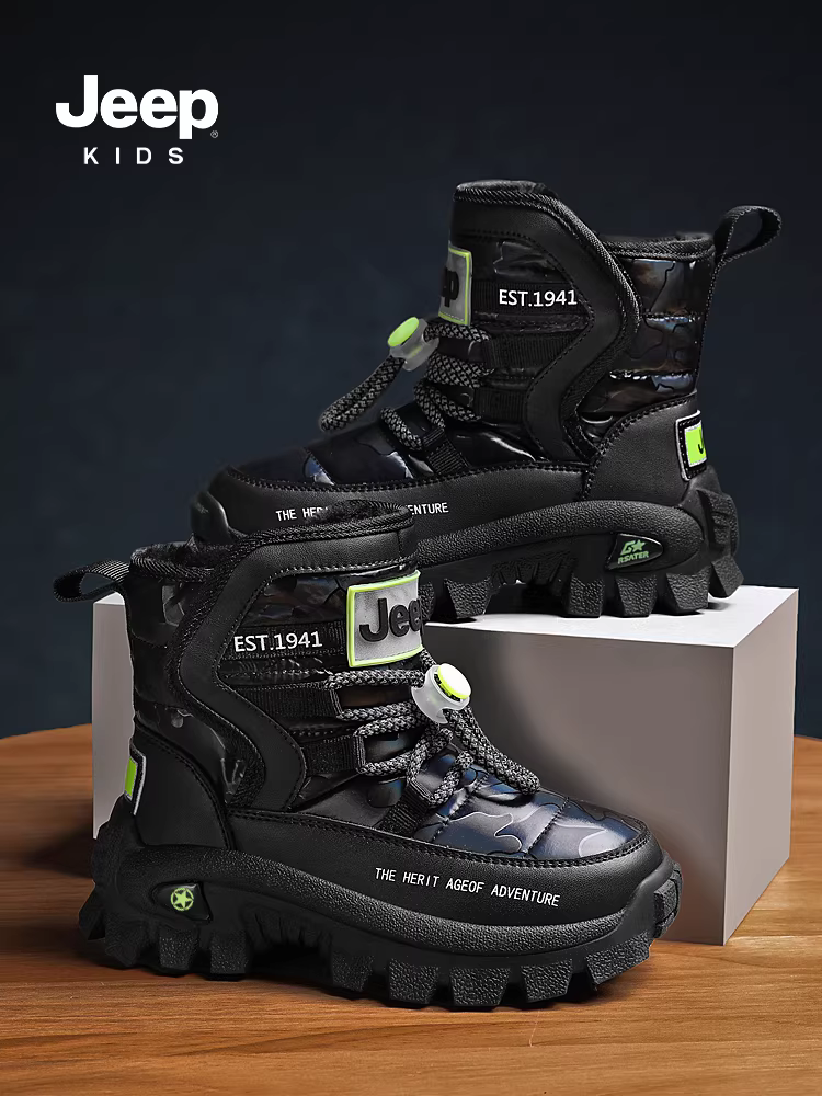 Giày bốt tuyết trẻ em Jeep kiểu mới 2025, lót lông cừu, giày bốt bông dày, giày trẻ em, giày bông dày vùng Đông Bắc