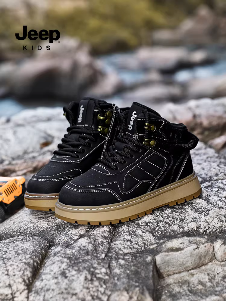 Giày trẻ em Jeep 2024 kiểu mới, giày cao cổ chống thấm cho bé trai, phong cách Anh quốc, màu vàng, giày cho bé gái