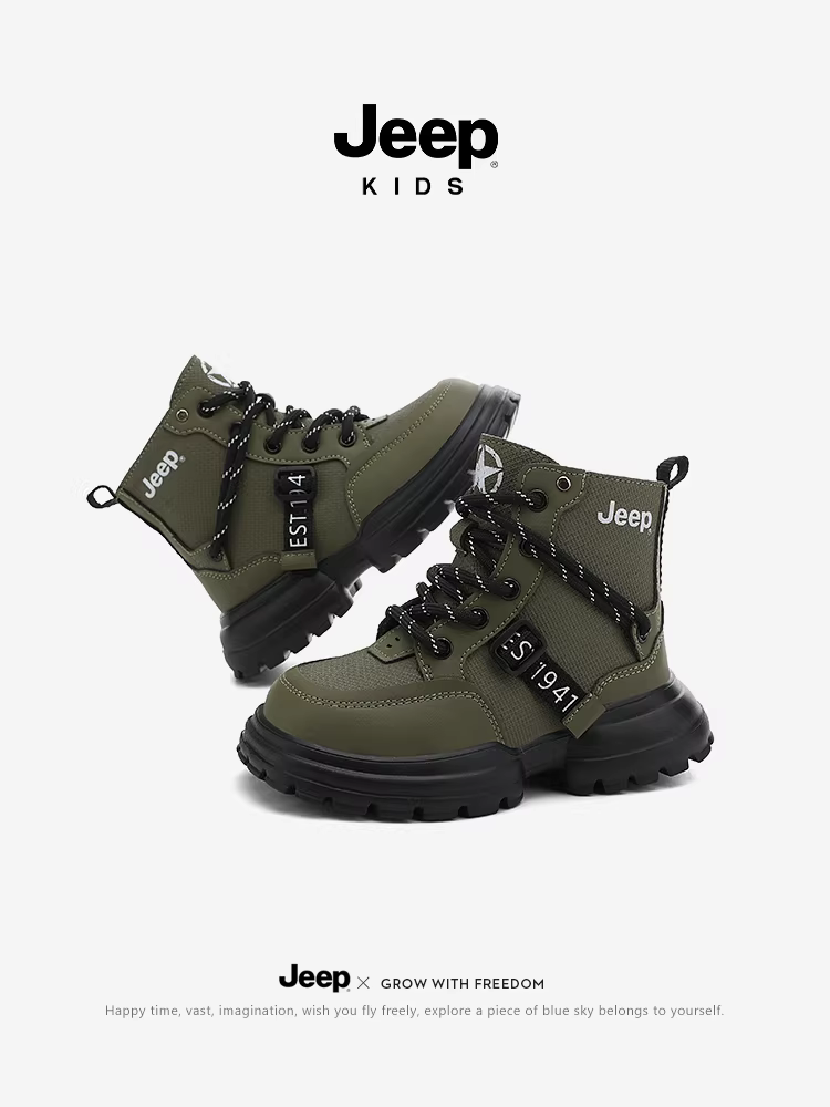 Giày bốt nam trẻ em Jeep đế mềm, kiểu mới thu đông 2025, giày lót lông cừu, bốt cổ cao trẻ em, bốt khóa kéo bên hông
