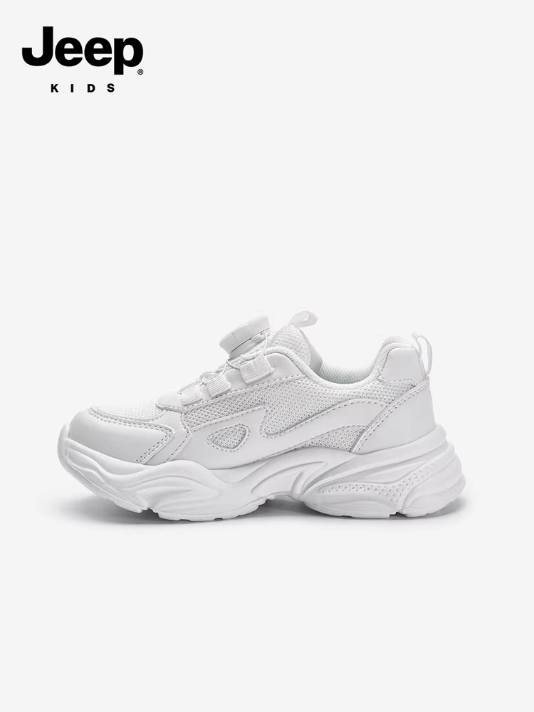 Giày thể thao trẻ em màu trắng của Jeep dành cho bé trai và bé gái, giày trắng, giày chạy bộ bằng da mới mùa thu 2024 dành cho trẻ lớn hơn