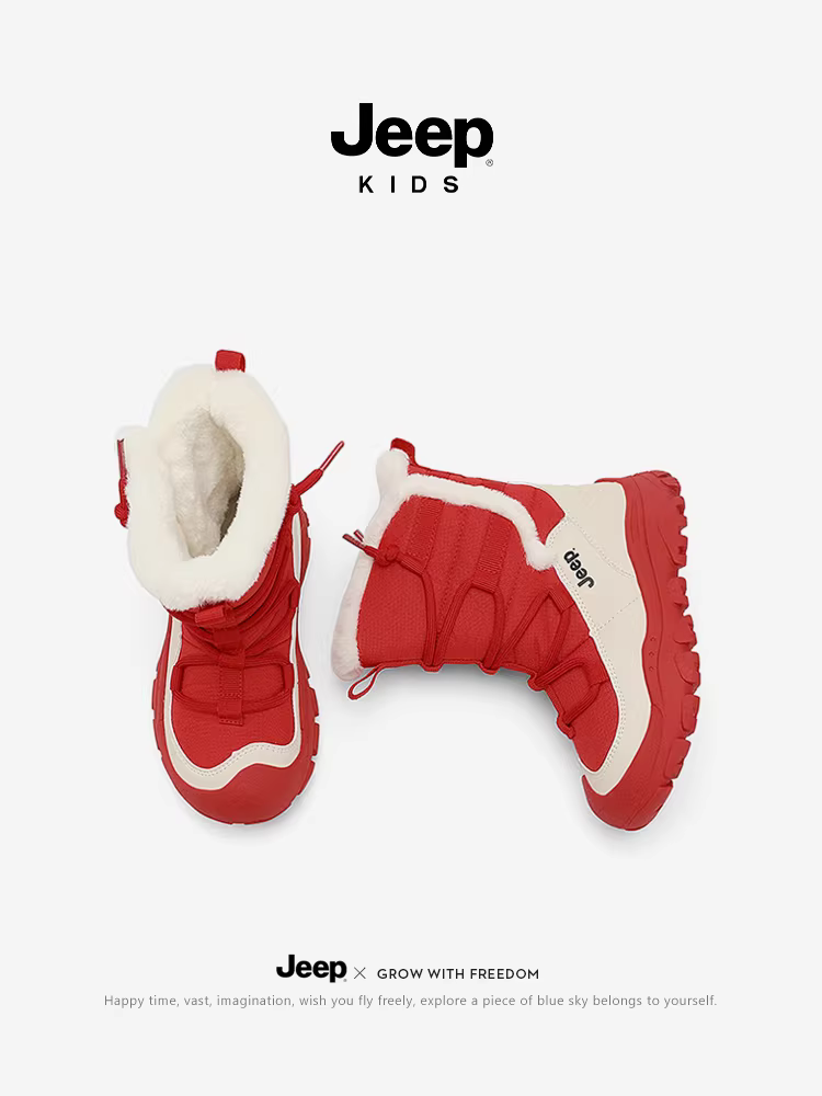 Giày trẻ em Jeep, ủng tuyết bé trai mùa đông 2025, giày đỏ Tết, giày lót lông cừu, giày bông dày cho bé, ủng bông bé gái