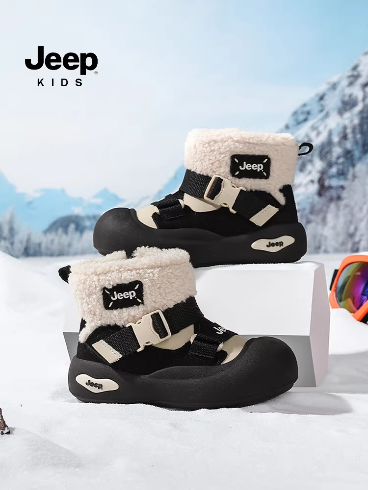Giày bốt đi tuyết trẻ em Jeep mùa đông, giày bông lót lông cừu cho bé trai, giày bông cỡ lớn 2025 mới, giữ ấm, chống thấm nước, chống trơn trượt, giày bốt bông cho bé gái