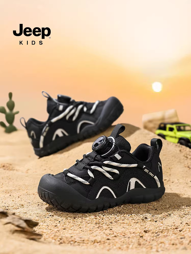 Giày thể thao trẻ em Jeep đế mềm chống trơn mùa thu 2025 kiểu mới khóa xoay lưới đi bộ ngoài trời dành cho bé trai