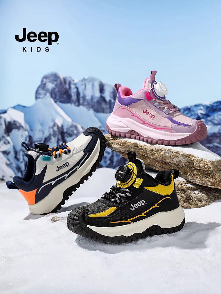Giày thể thao trẻ em Jeep, khóa núm nhẹ, lót lông cừu, giày trẻ em cotton đôi, mẫu 2025, mặt da, giày bé gái chống trơn trượt