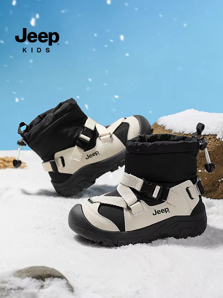 Giày bốt đi tuyết Jeep cho trẻ em, giày bông dày lót lông cừu mùa đông, mẫu mới 2025, tích hợp da và lông, giày bông lông mềm mại cho bé trai.