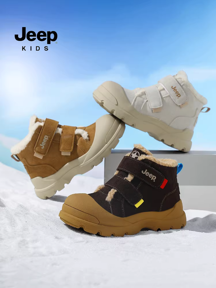 Giày bốt đi tuyết trẻ em Jeep, giày bốt ngắn giữ ấm mùa đông 2025, giày cotton cỡ lớn mới cho bé trai, lót lông cừu, chống lạnh vùng Đông Bắc
