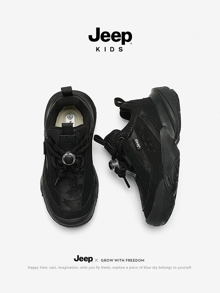 Giày thể thao nam màu đen của Jeep, chất liệu da, mùa thu đông, giày trẻ em, kiểu lười, mới năm 2024, giày chạy bộ trẻ em