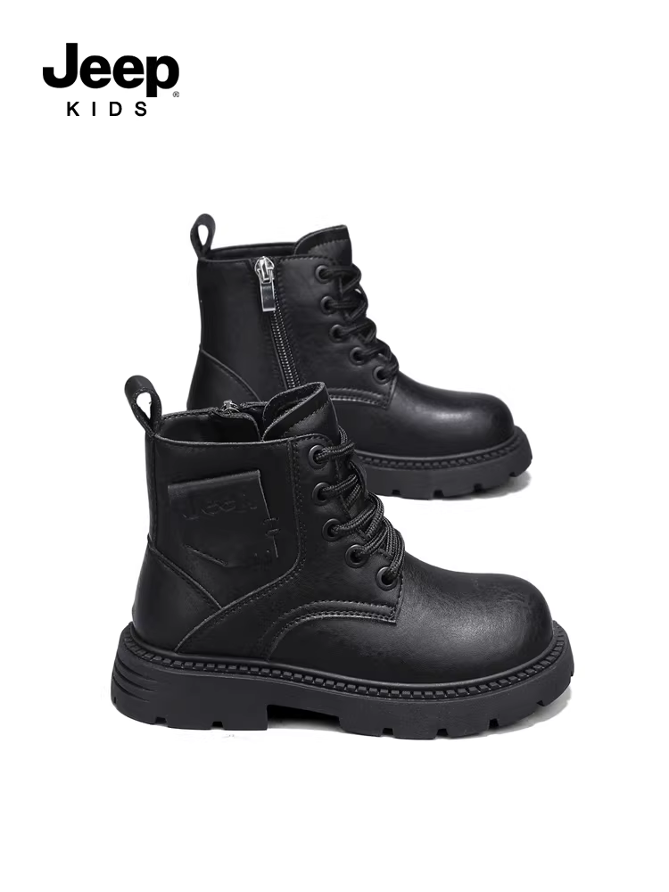 Giày bốt da thường ngày cho trẻ em Jeep Giày bốt trẻ em đế mềm mùa đông 2025 Giày bốt kiểu mới màu đen Giày trẻ em chống trượt