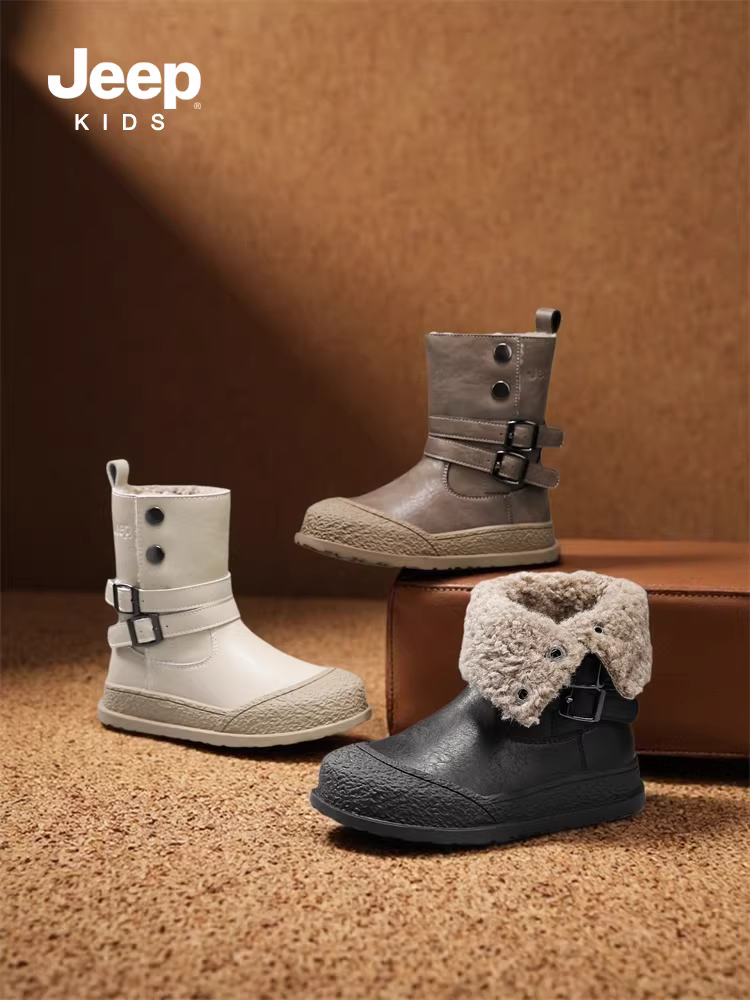 Giày bốt cotton trẻ em Jeep 2025 Giày bốt đi tuyết mùa đông mới dành cho trẻ lớn hơn, giày bốt ấm lót lông cừu, giày bốt bé trai