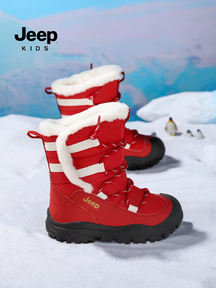 Giày bốt đi tuyết trẻ em Jeep màu đỏ, giày bông cỡ lớn cho bé gái, mẫu mới mùa đông 2025, lót lông cừu dày dặn, chống thấm nước, giày bốt bông cho bé trai
