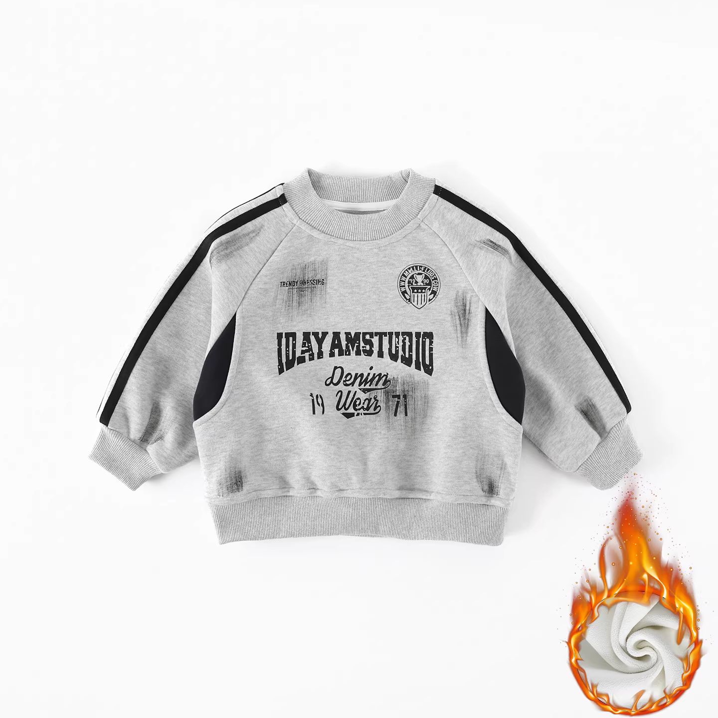 Bộ đồ trẻ em thu đông 2025 kiểu mới, áo nỉ phối màu trơn lót lông cừu và quần hai mảnh AT041