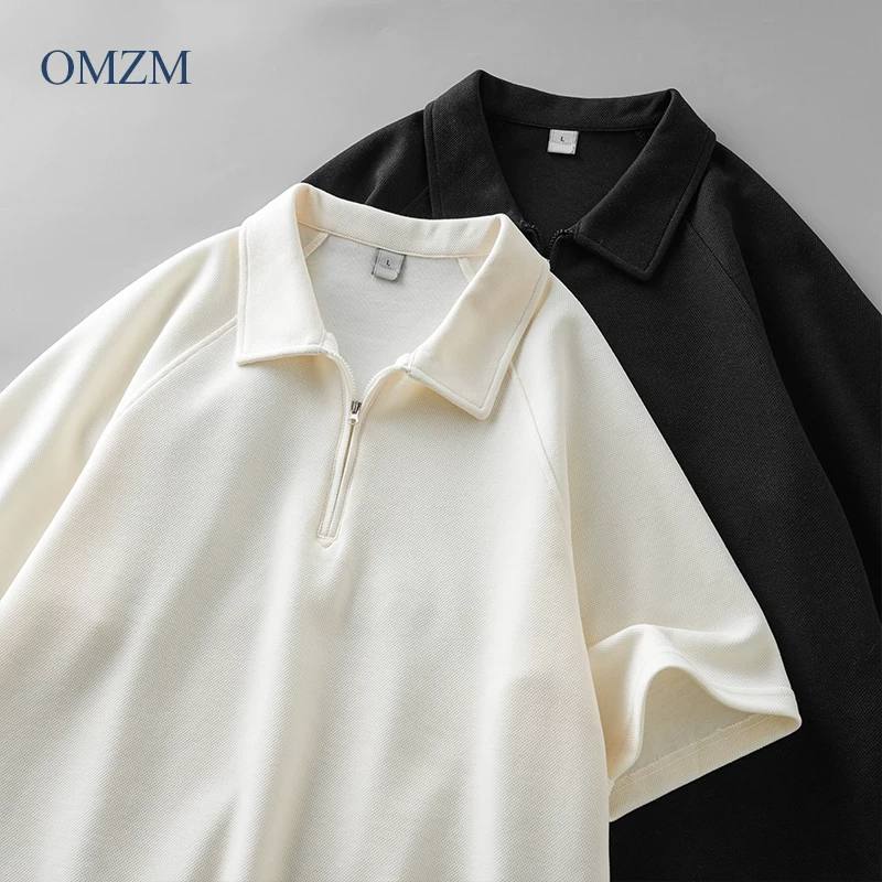 Áo polo nam chất liệu cotton pique dày 250G, tay ngắn mùa hè, cao cấp, kiểu waffle, nửa khóa kéo, màu trơn, tay lửng