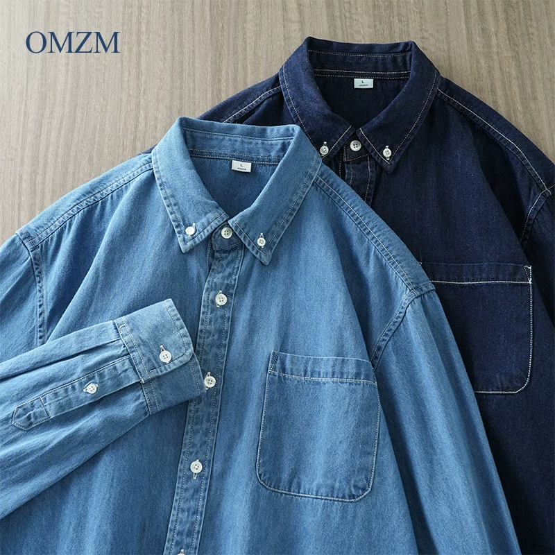 Áo sơ mi dài tay bằng vải denim cotton nguyên chất hạng nặng 400G dành cho nam, áo sơ mi giặt cát cổ điển kiểu Mỹ mùa xuân và mùa thu, áo khoác mỏng thông thường dành cho người đi làm