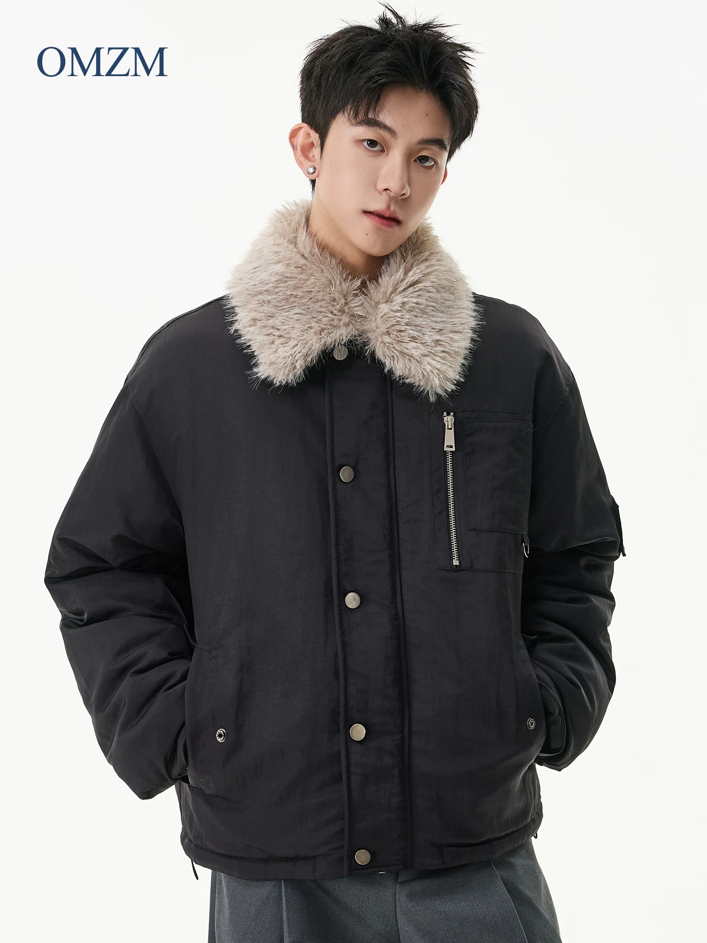 Áo khoác cotton kiểu Mỹ OMZM dành cho nam, áo khoác cotton dày dặn chống nhăn cổ điển mùa đông, dáng rộng có cổ lông.