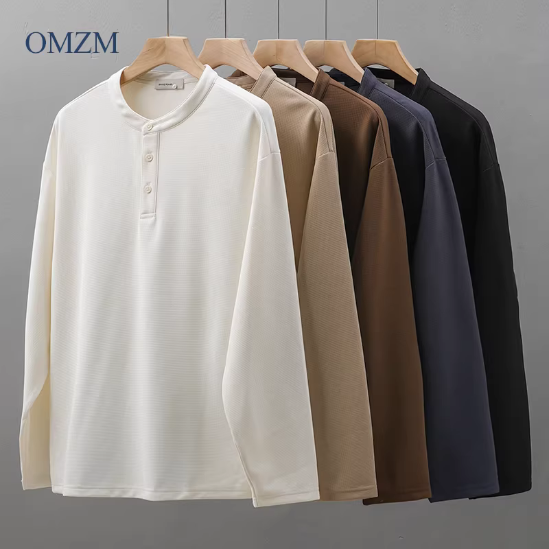 Áo thun dài tay kiểu waffle hạng nặng kiểu Mỹ OMZM dành cho nam, áo sơ mi cổ Henry màu trơn cao cấp mới mùa xuân thu