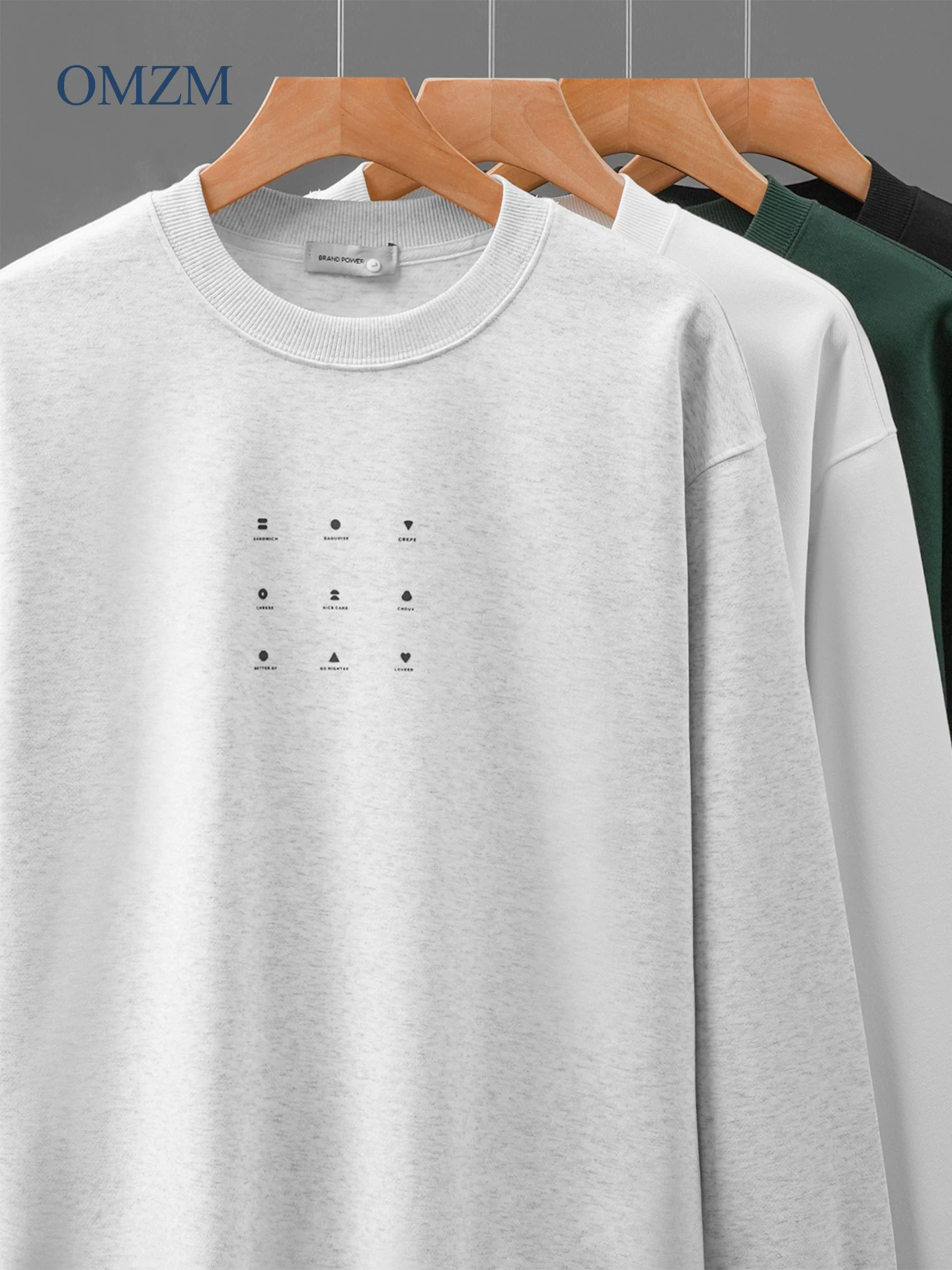 Áo nỉ in hình hạng nặng OMZM dành cho nam, áo thun dài tay dáng rộng cổ tròn phong cách Mỹ mùa thu, áo thun không có mũ trùm đầu