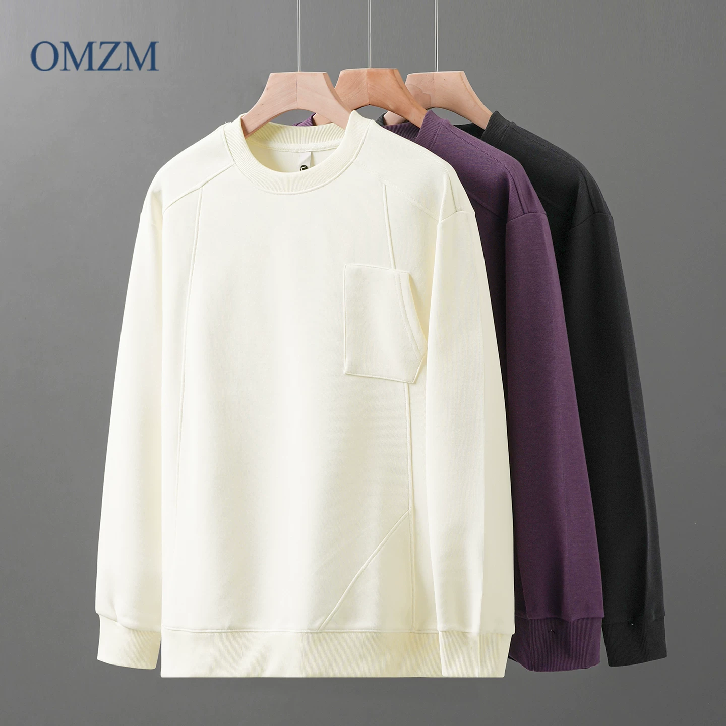 Áo nỉ cổ tròn hạng nặng OMZM320G dành cho nam, áo sơ mi dài tay có túi chắp vá phong cách Mỹ mùa thu, áo khoác chui đầu rộng rãi.