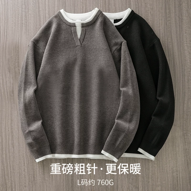Áo len giả hai mảnh cổ chữ V hạng nặng dành cho nam, đồ dệt kim dày dặn ấm áp mùa thu đông, đồ dệt kim xếp lớp kiểu Mỹ.