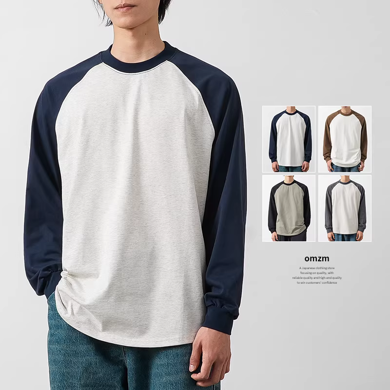 Áo thun nam tay raglan kiểu Mỹ OMZM 260g chất dày, tay dài, mùa thu, dáng rộng, phối màu, kiểu áo sweatshirt, áo lót