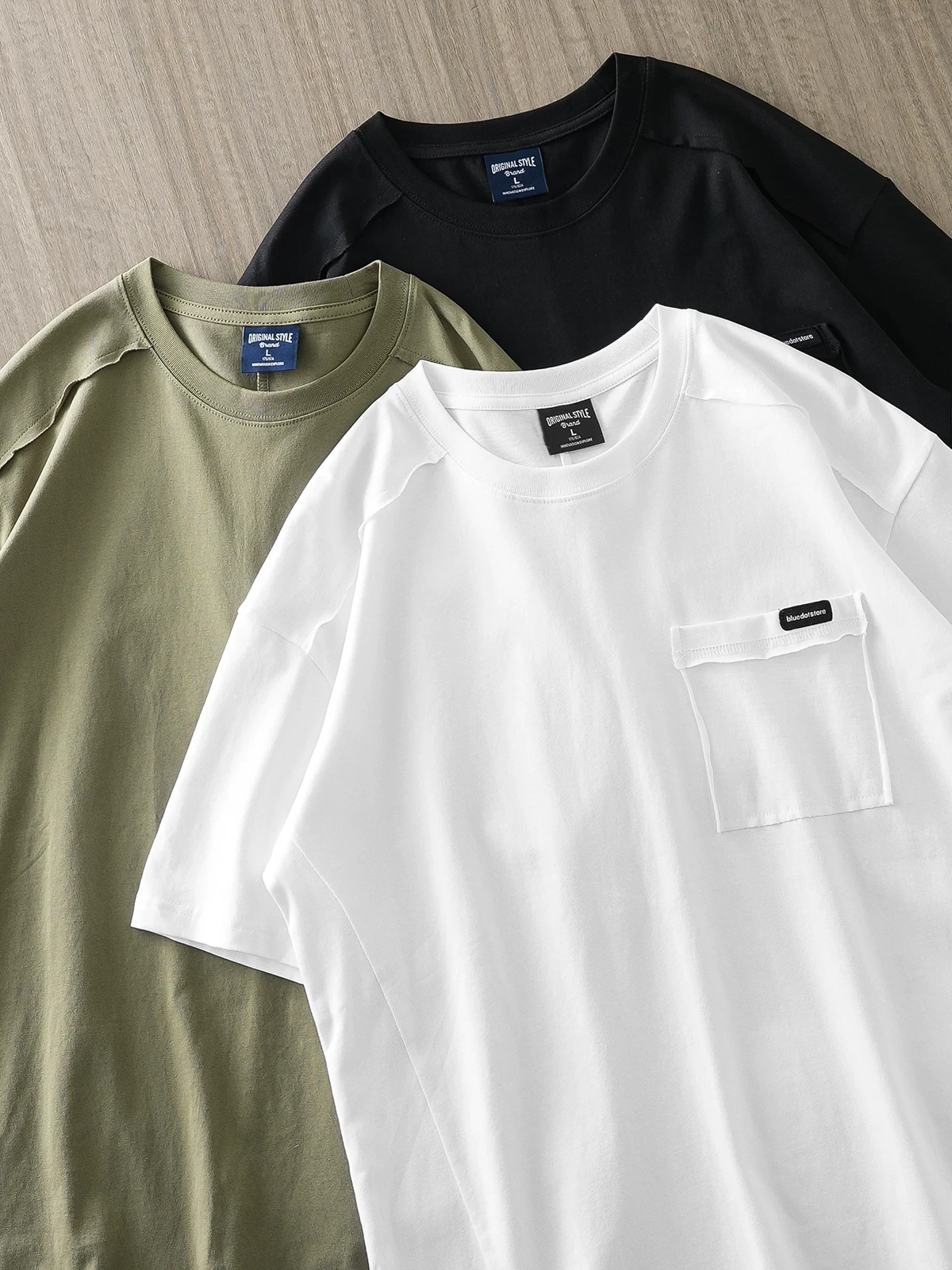 Áo thun ngắn tay bằng cotton nguyên chất hạng nặng OMZM260G dành cho nam, áo thun có túi màu trơn cổ điển mùa hè, cổ tròn rộng nửa tay