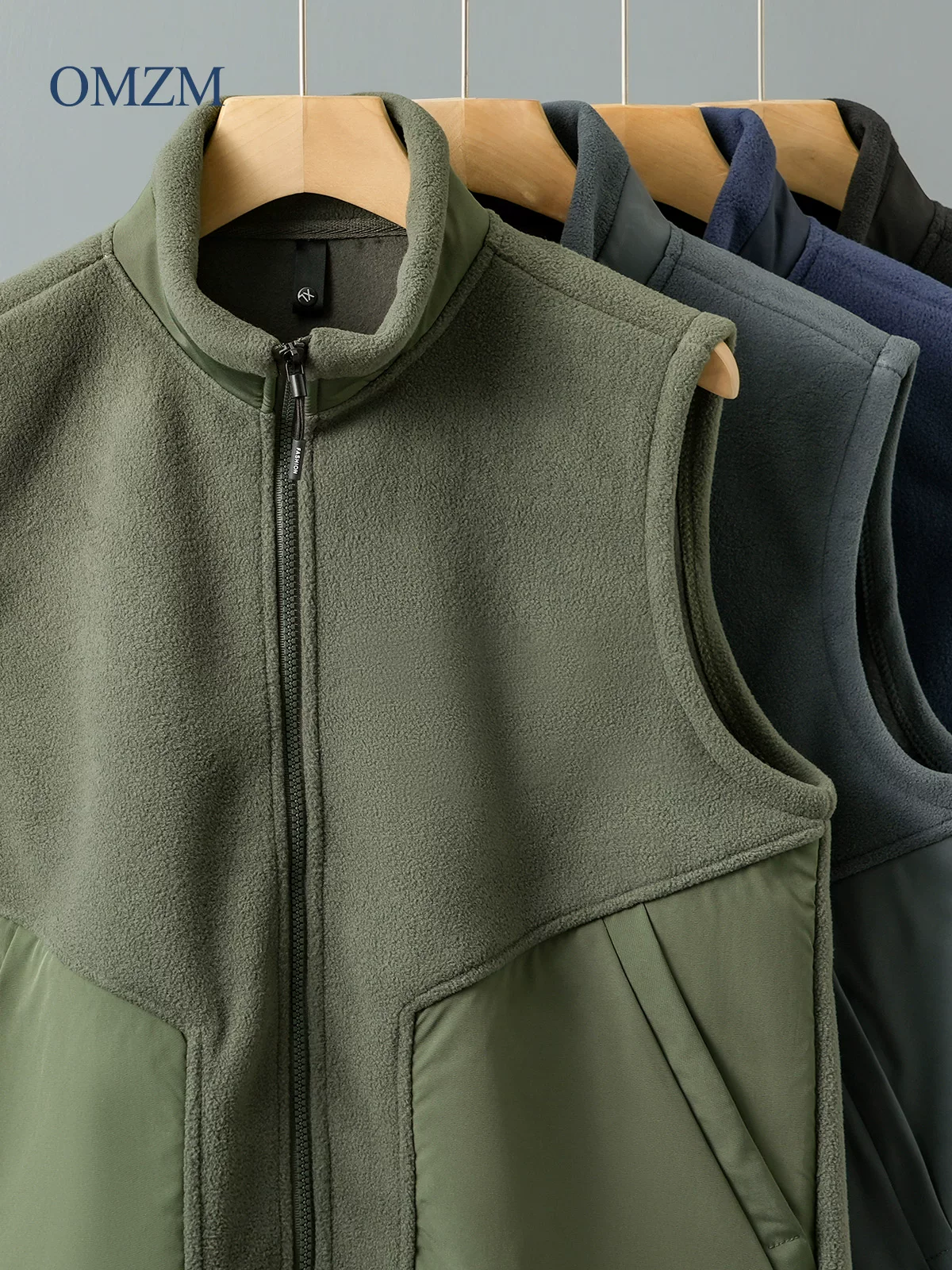 Áo vest lông cừu hai mặt OMZM dành cho nam, áo khoác ngoài mùa thu đông, lót lông cừu, dày dặn, áo vest ấm áp, áo khoác cổ đứng