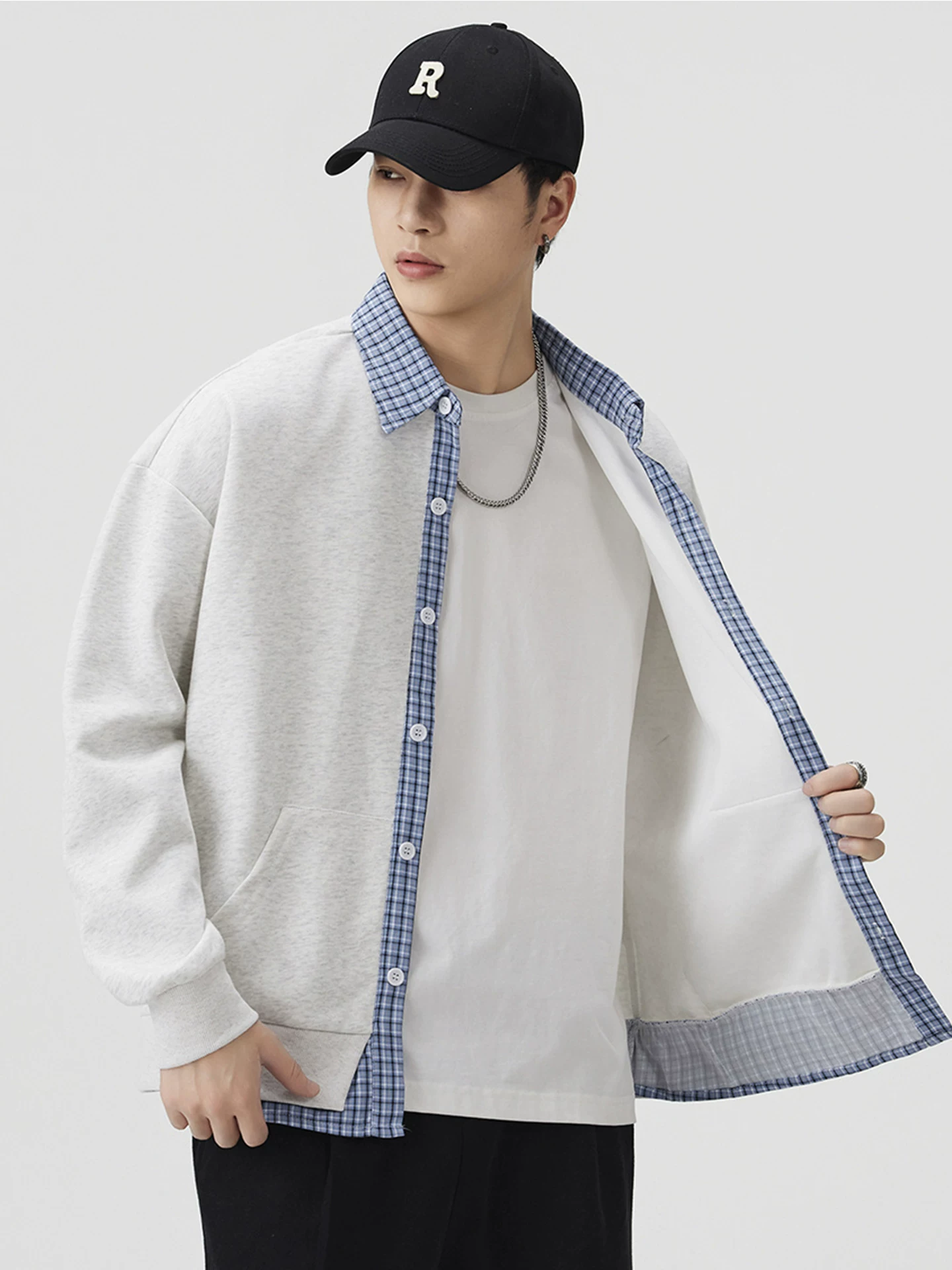 Áo khoác nỉ chắp vá giả hai mảnh OMZM dành cho nam, áo khoác cardigan cổ điển phối màu phong cách đại học giản dị mùa thu của Mỹ