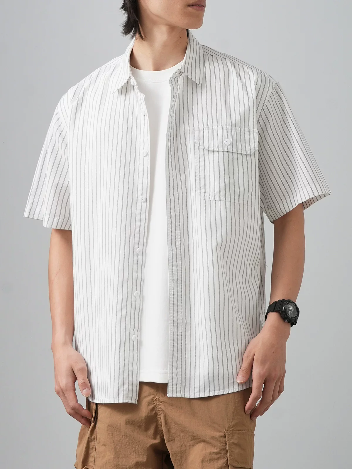 [Sọc dọc] Áo sơ mi cotton nguyên chất hạng nặng kiểu Mỹ dành cho nam, tay ngắn, mùa hè, cao cấp, dáng rộng, áo khoác công sở thông thường