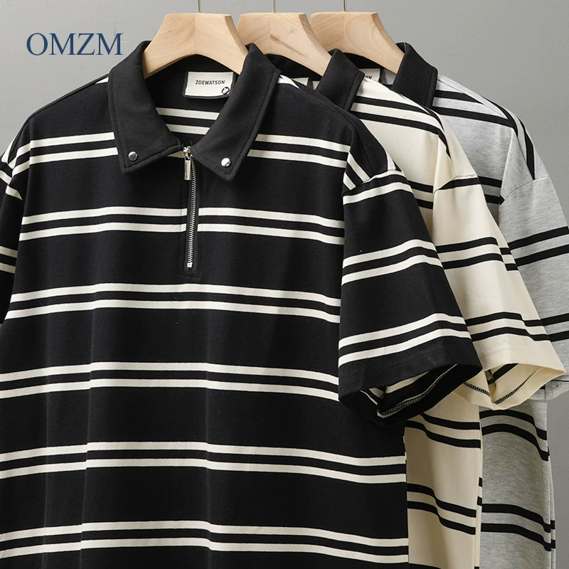 Áo thun polo nam Songdao Cotton kiểu Mỹ 210G chất dày dặn, sọc đen trắng, tay ngắn, mùa hè, xu hướng quốc dân, cổ điển, cổ trụ