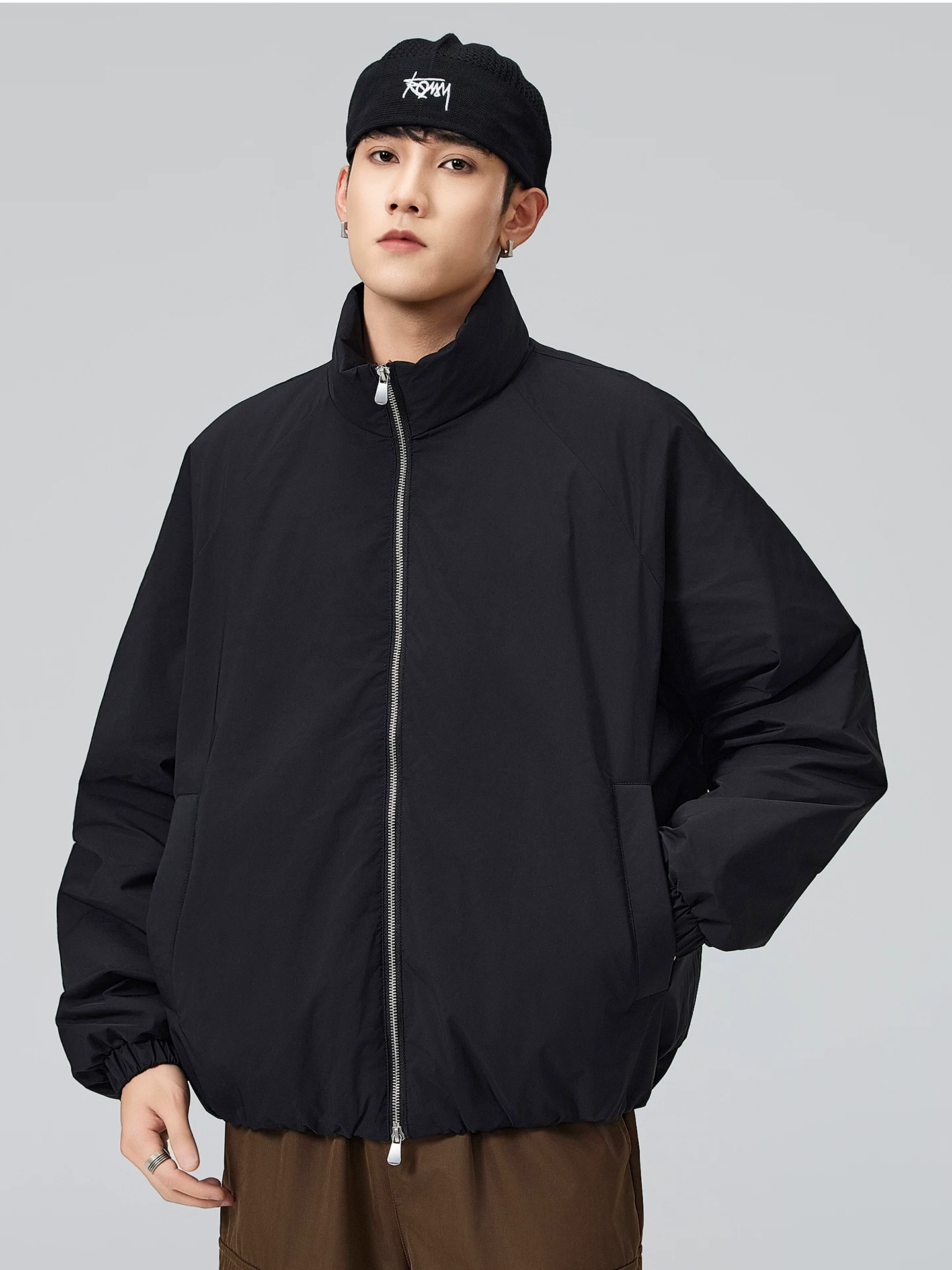 Áo khoác cổ đứng lông vũ trắng OMZM90 dành cho nam, áo khoác cotton dày dặn ấm áp mùa đông, áo khoác phao rộng rãi.