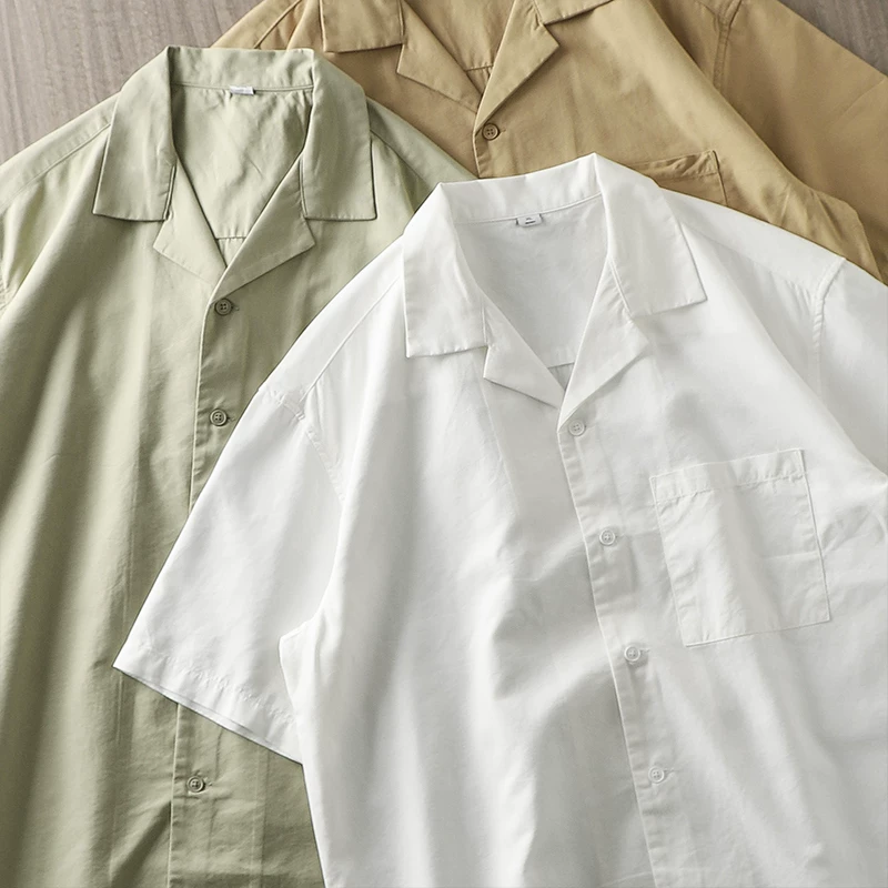 OMZM Celier Tencel Áo sơ mi cổ Cuba nam ngắn tay mùa hè cao cấp dáng rộng và xếp nếp màu trắng áo sơ mi thường ngày